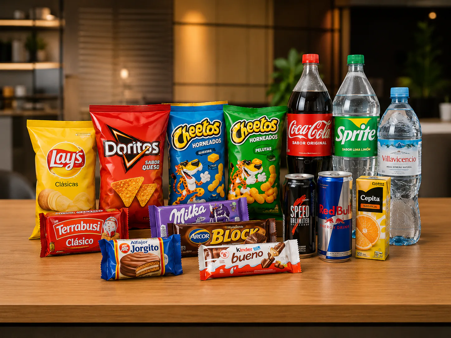Snacks y bebidas disponibles para vending